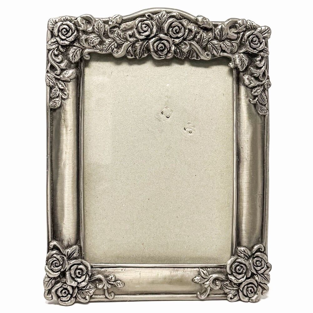 Vintage Art Nouveau Style Pewter Rose Picture Frame Ornate Floral 4x6